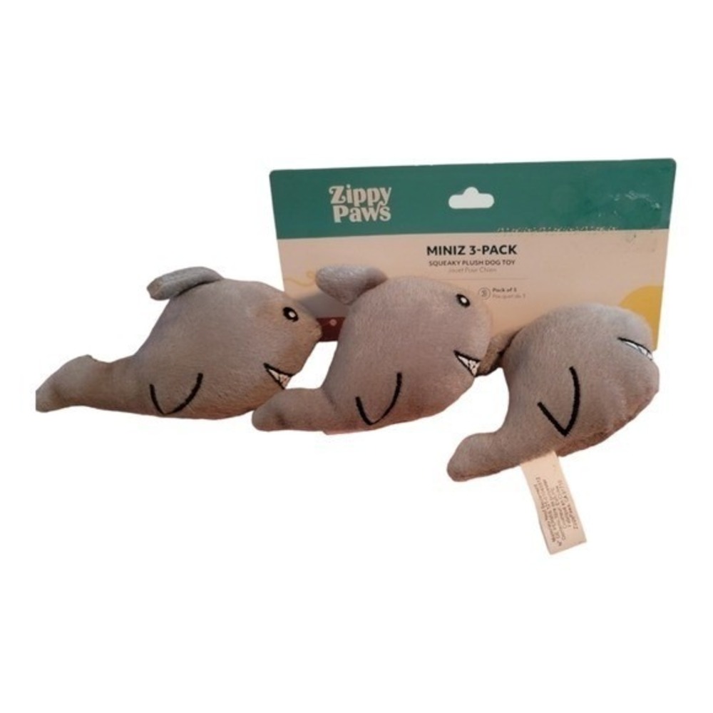 ZippyPaws Miniz Shark Squeaky Plush Dog Toy 3-Pack Grey New Interactive Small